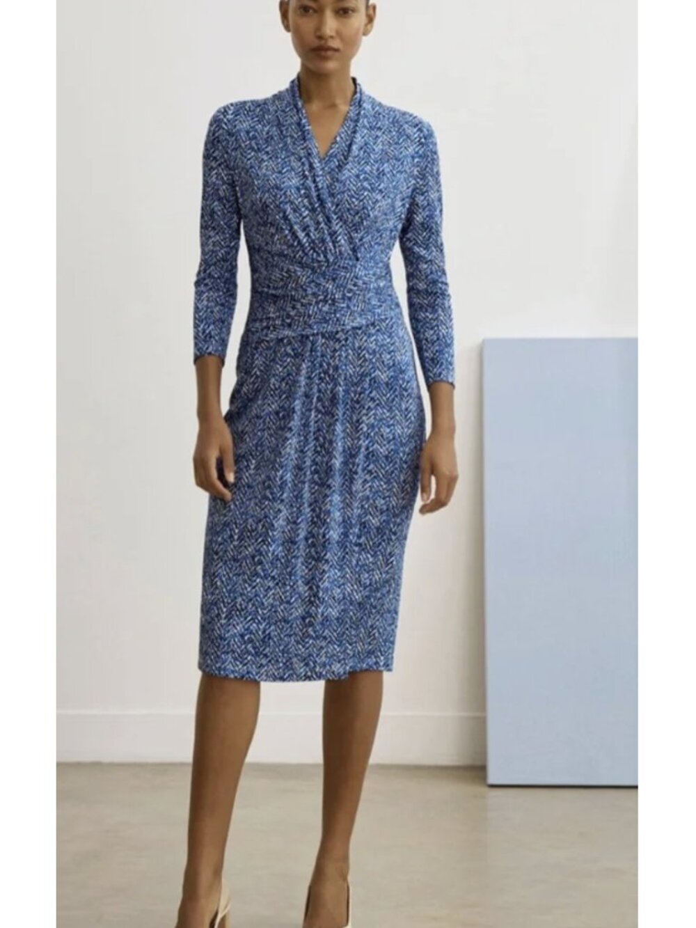The Fold London Vicenza Midi Dress Blue Herringbone 3/4 Sleeve Jersey Stretch